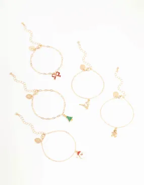 Tree & Santa Gold Charm Bracelets 5-Pack