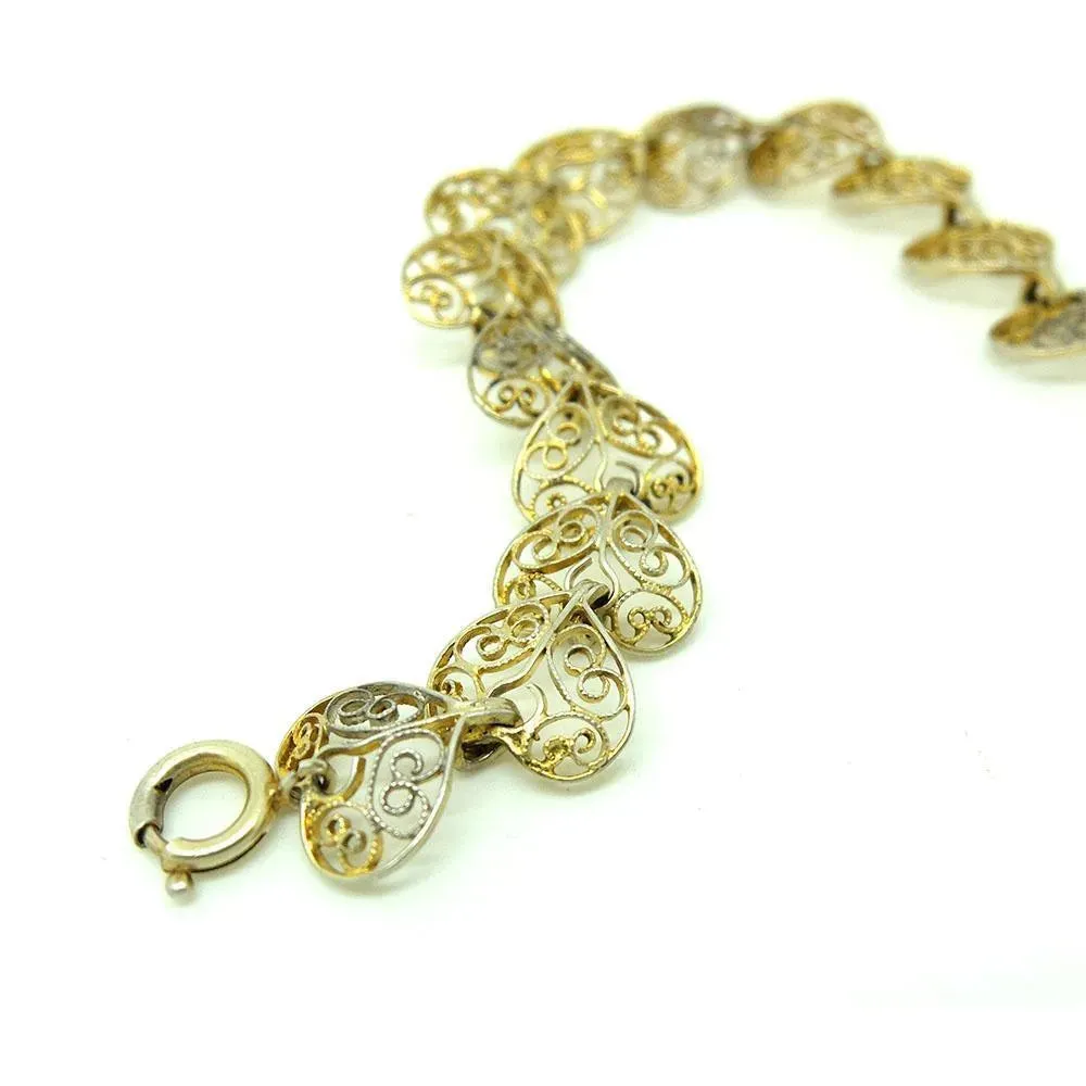 Vintage 1940s Silver Filigree Gilt Heart Bracelet