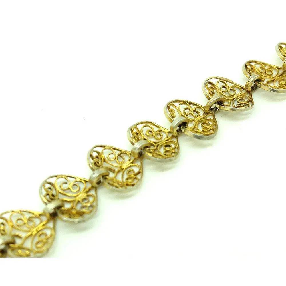Vintage 1940s Silver Filigree Gilt Heart Bracelet