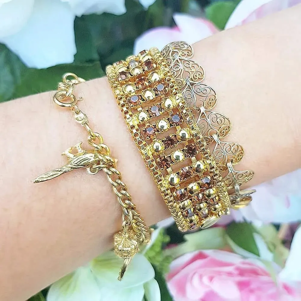 Vintage 1940s Silver Filigree Gilt Heart Bracelet