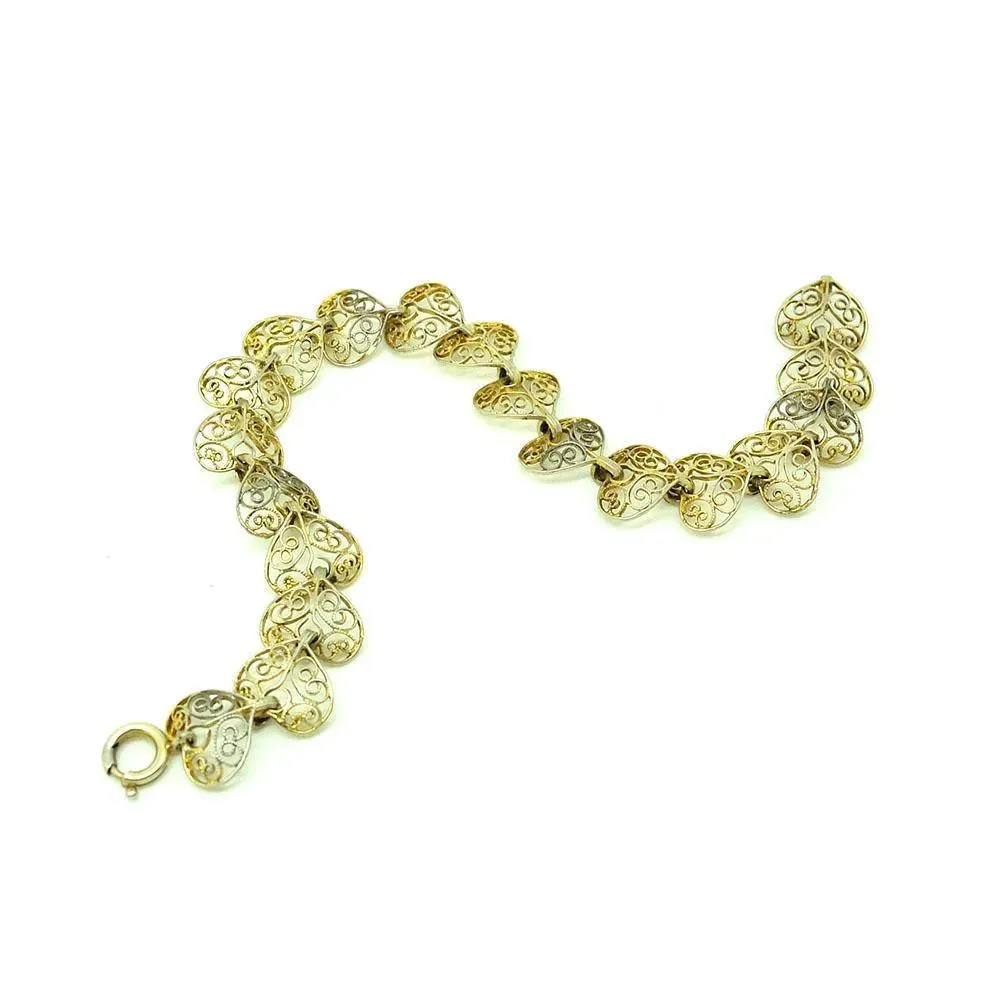 Vintage 1940s Silver Filigree Gilt Heart Bracelet