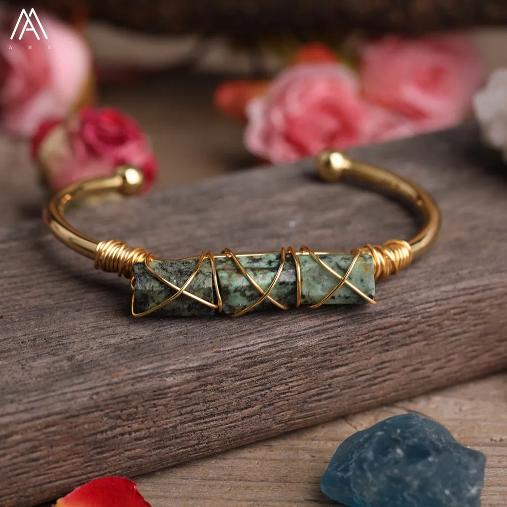 Wire Wrapped Larimar Stone Bracelet in Gold Copper - Available in various color