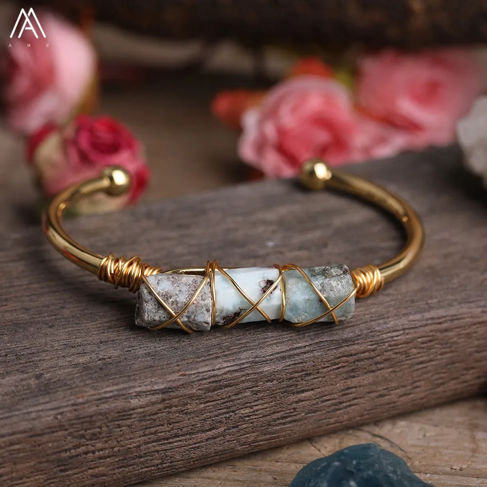 Wire Wrapped Larimar Stone Bracelet in Gold Copper - Available in various color