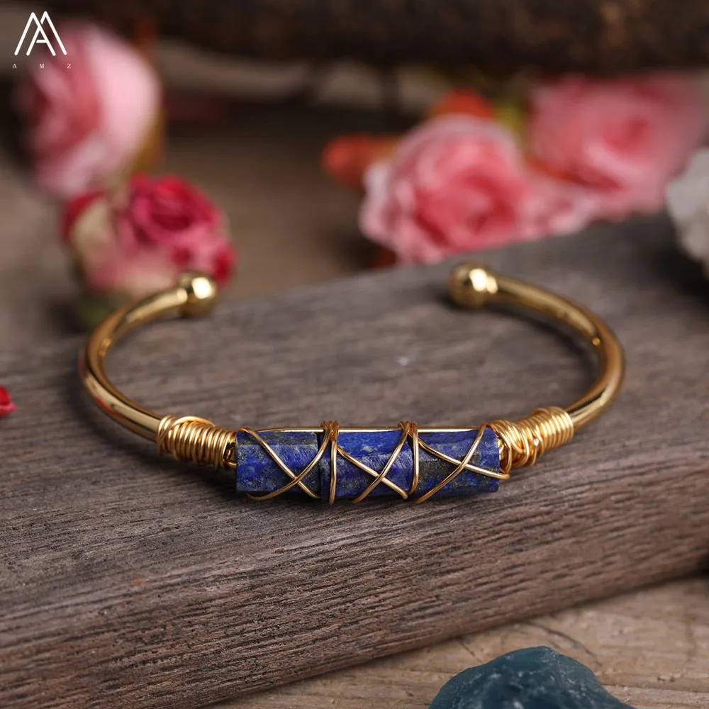 Wire Wrapped Larimar Stone Bracelet in Gold Copper - Available in various color