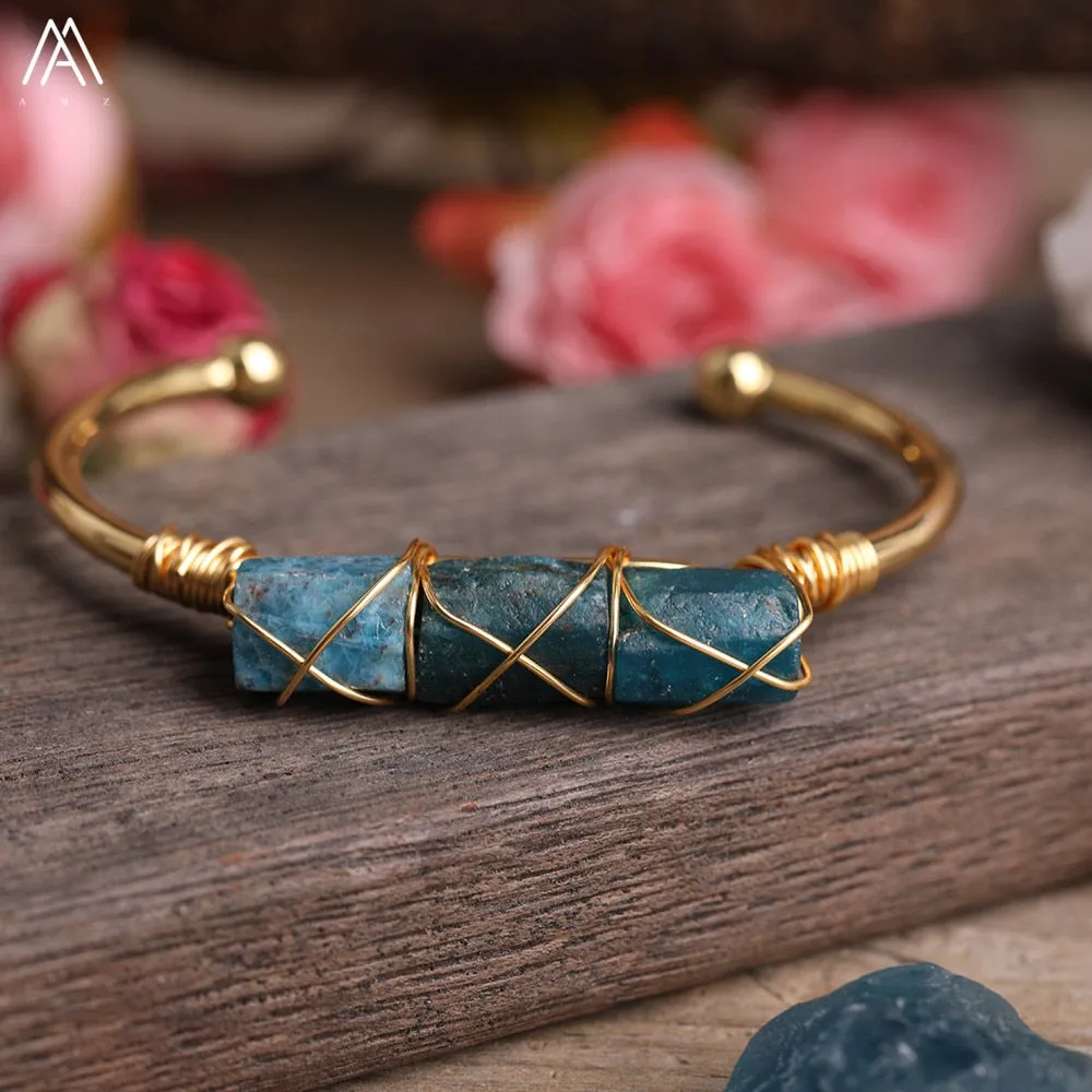 Wire Wrapped Larimar Stone Bracelet in Gold Copper - Available in various color