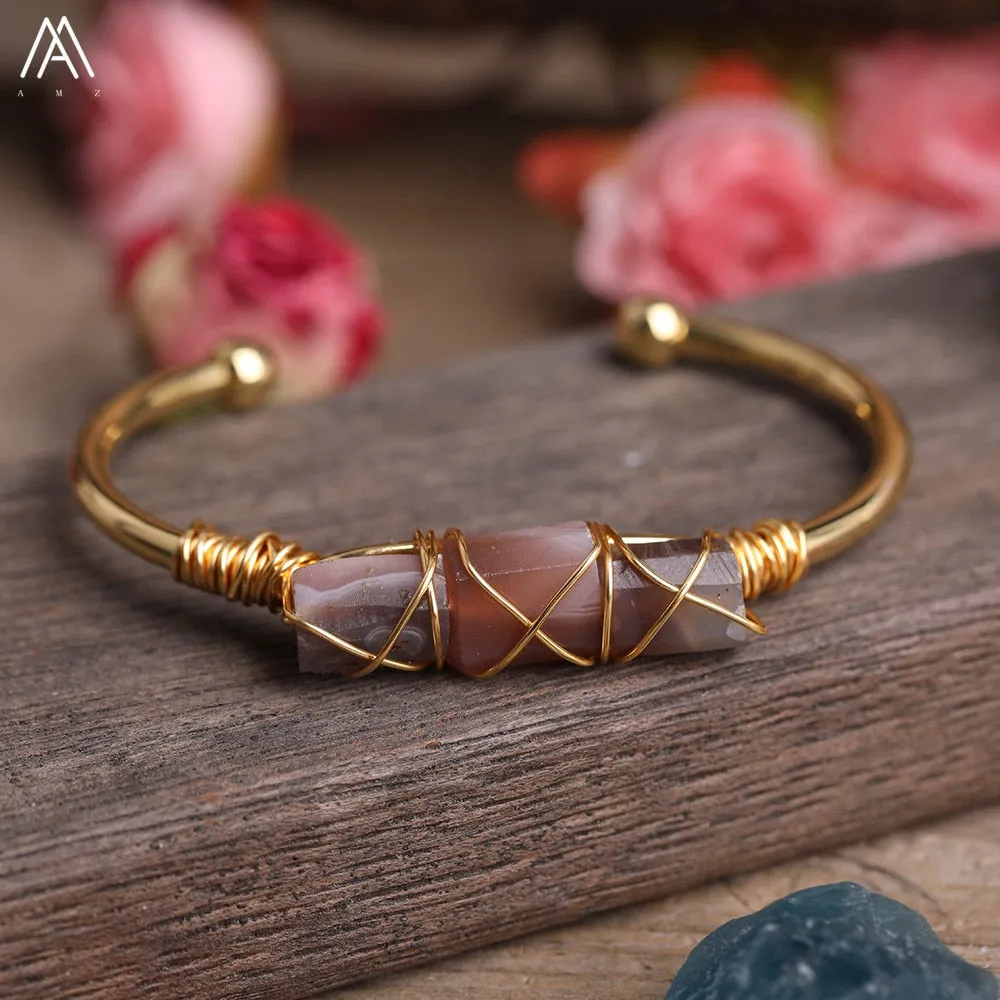 Wire Wrapped Larimar Stone Bracelet in Gold Copper - Available in various color