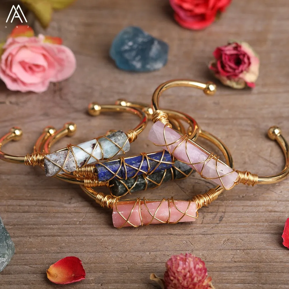 Wire Wrapped Larimar Stone Bracelet in Gold Copper - Available in various color