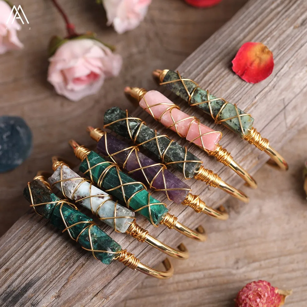 Wire Wrapped Larimar Stone Bracelet in Gold Copper - Available in various color