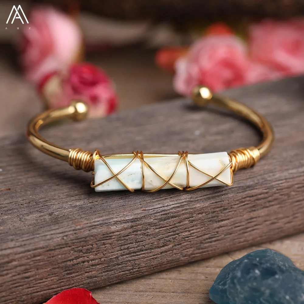 Wire Wrapped Larimar Stone Bracelet in Gold Copper - Available in various color