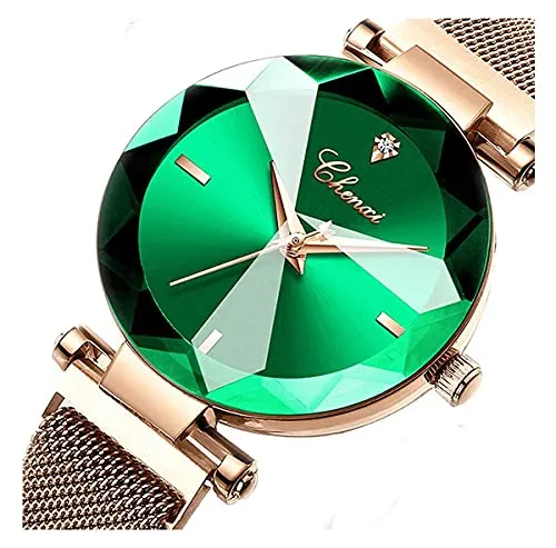 Women's Watches Fashion Shine Crystal Cutting Mirror Wrist Watch Rose Gold Stainless Steel Mesh Band Waterproof Analog Quartz Watches (A Green)