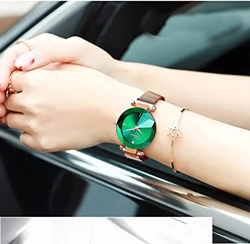 Women's Watches Fashion Shine Crystal Cutting Mirror Wrist Watch Rose Gold Stainless Steel Mesh Band Waterproof Analog Quartz Watches (A Green)