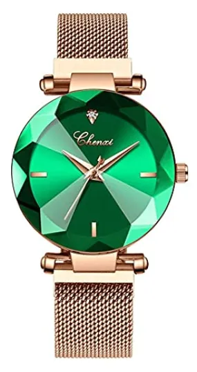 Women's Watches Fashion Shine Crystal Cutting Mirror Wrist Watch Rose Gold Stainless Steel Mesh Band Waterproof Analog Quartz Watches (A Green)