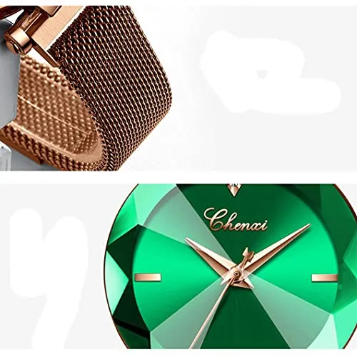 Women's Watches Fashion Shine Crystal Cutting Mirror Wrist Watch Rose Gold Stainless Steel Mesh Band Waterproof Analog Quartz Watches (A Green)