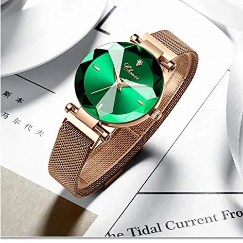 Women's Watches Fashion Shine Crystal Cutting Mirror Wrist Watch Rose Gold Stainless Steel Mesh Band Waterproof Analog Quartz Watches (A Green)