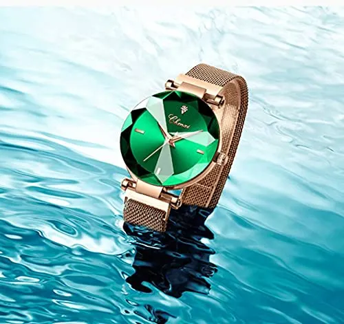 Women's Watches Fashion Shine Crystal Cutting Mirror Wrist Watch Rose Gold Stainless Steel Mesh Band Waterproof Analog Quartz Watches (A Green)